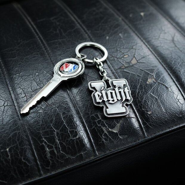 Sterling-Silver V8 Zeichen, fotografiert auf Oldtimer-Sitzbank