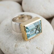 Aquamarin Ring rechteckig Bicolor Gold Silber massiv Smaragdschliff Statement Schmuck